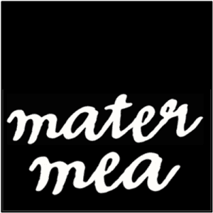 A black and white image of the word mater mea.